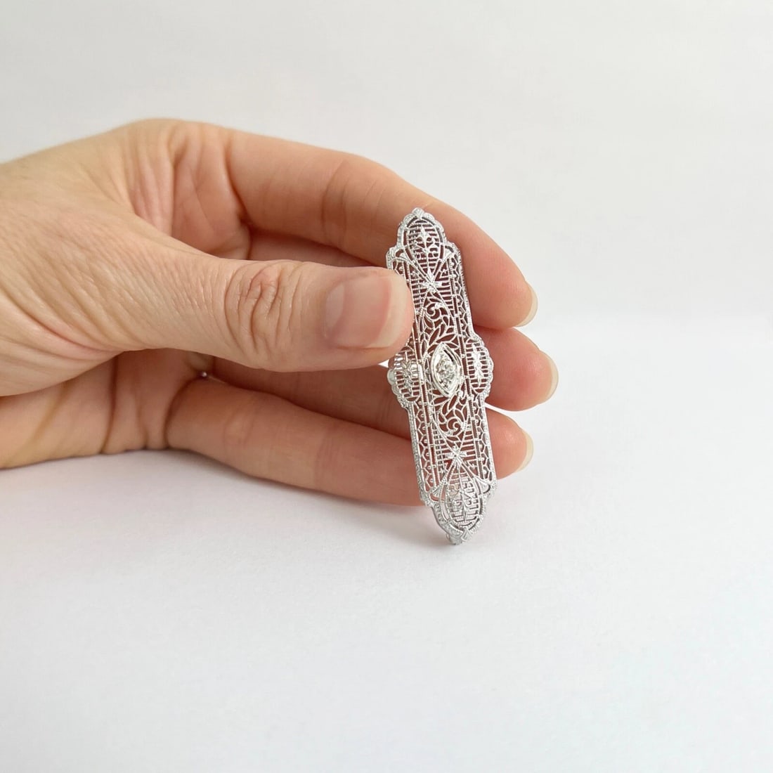 Antique Art Deco Diamond Filigree Long Brooch Pin 14K White Gold, 3.79 Grams - 4
