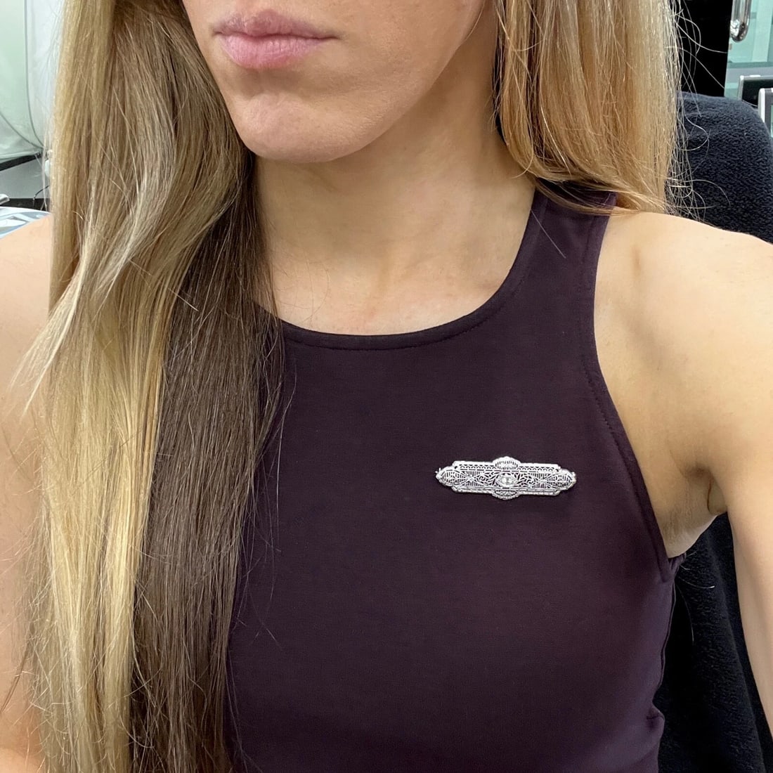 Antique Art Deco Diamond Filigree Long Brooch Pin 14K White Gold, 3.79 Grams - 5