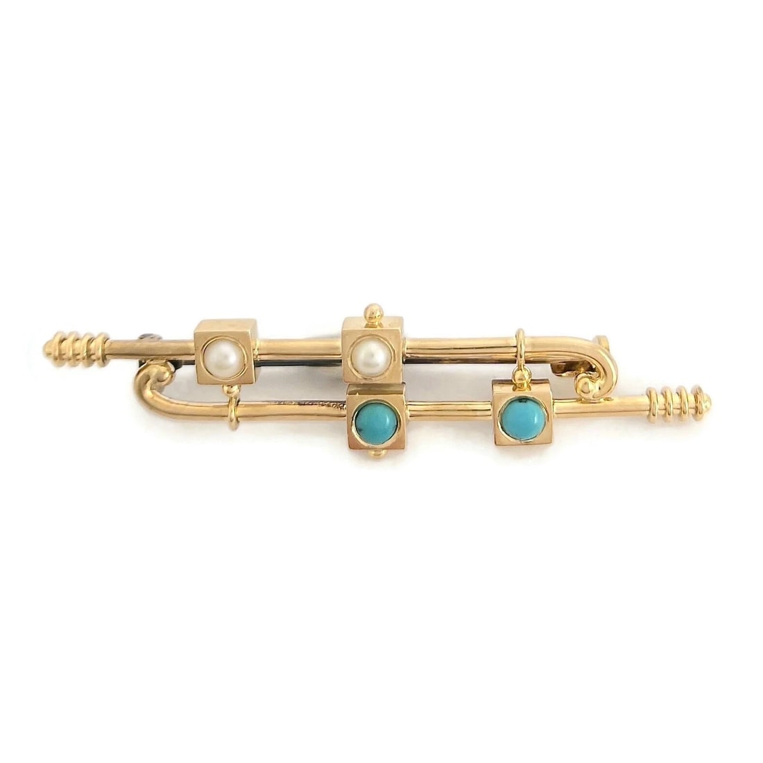 Antique Art Deco Long Cabochon Turquoise Pearl Brooch 14K Yellow Gold, 5.21 Gr: "Antique Art Deco Long Cabochon Turquoise Pearl Brooch 14K Yellow Gold, 5.21 Gr This is a beautiful one-of-a-kind brooch. Please let us know if you have any questions. Circa: 1915 - 1920's, Art Deco G