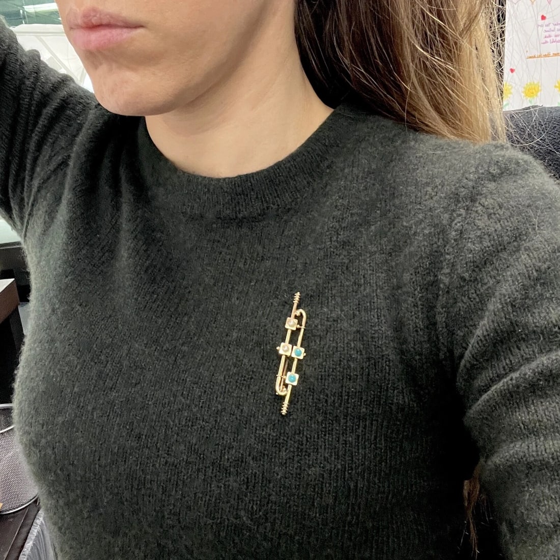 Antique Art Deco Long Cabochon Turquoise Pearl Brooch 14K Yellow Gold, 5.21 Gr - 6