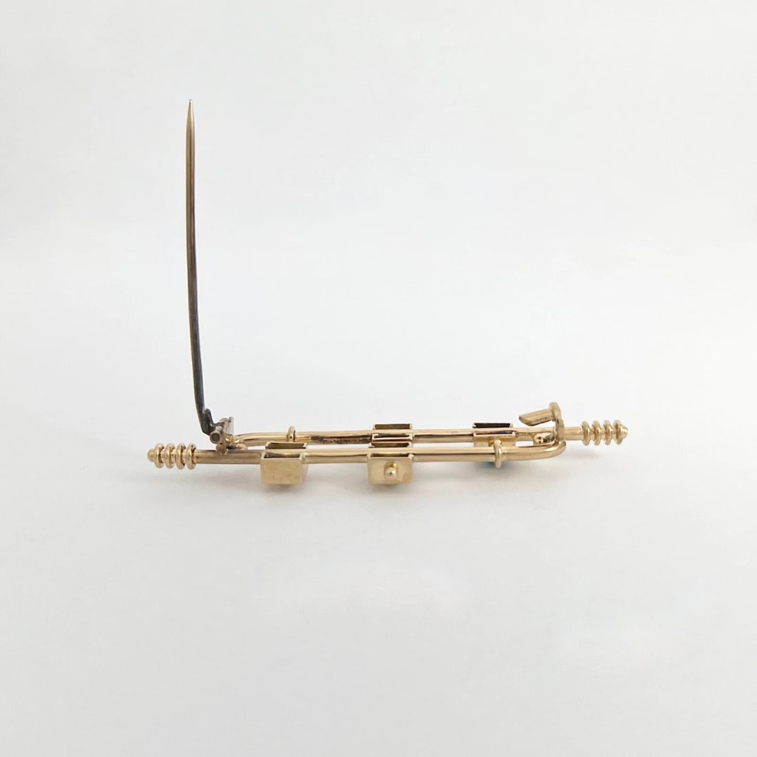 Antique Art Deco Long Cabochon Turquoise Pearl Brooch 14K Yellow Gold, 5.21 Gr - 8