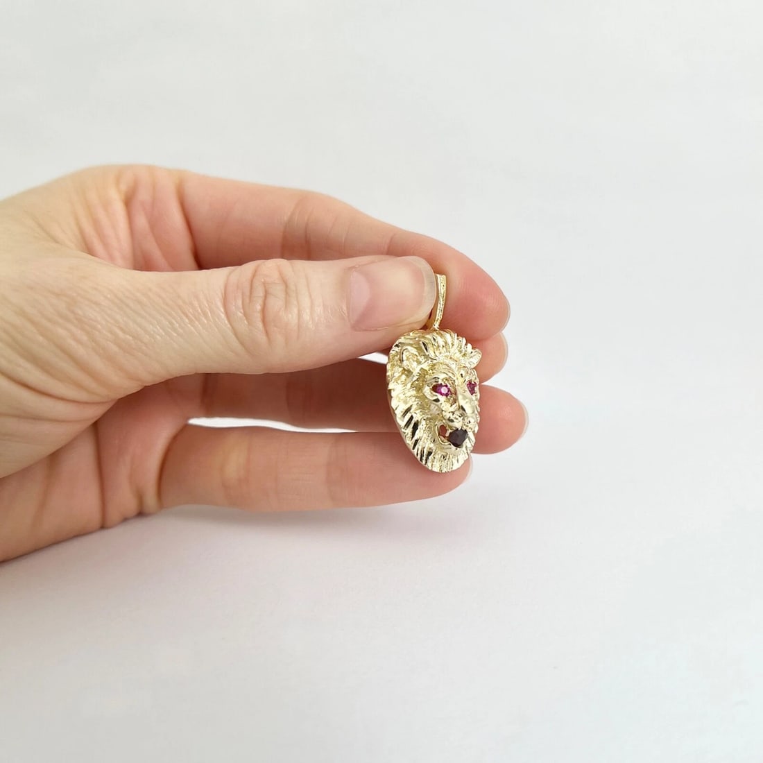 Vintage Simulated Ruby Garnet Lion Head Pendant Charm 14K Yellow Gold 8.65 Gr - 4