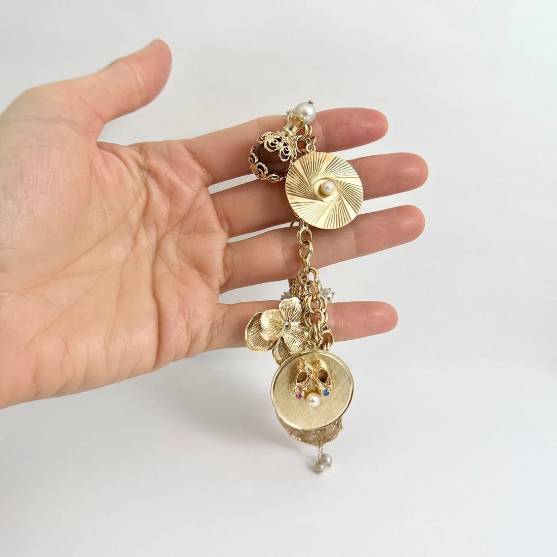 Vintage 1950's Pearl Shoes Hat Police Charm Bracelet 14K Yellow Gold, 59.27 Gram - 5