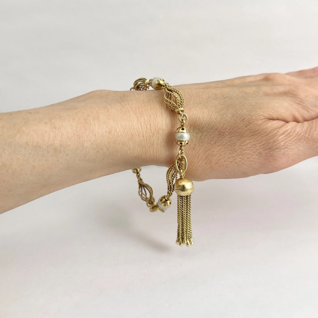 Vintage Pearl Spindle Tassel Chain Bracelet 14K Yellow Gold, 8 Inches, 16.73 Gr - 6