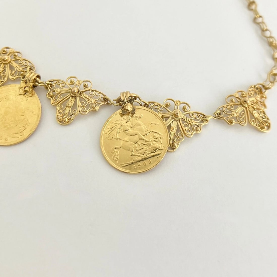Vintage Antique Coin Butterfly Chain Necklace 22K Yellow Gold, 52.56 Grams - 10