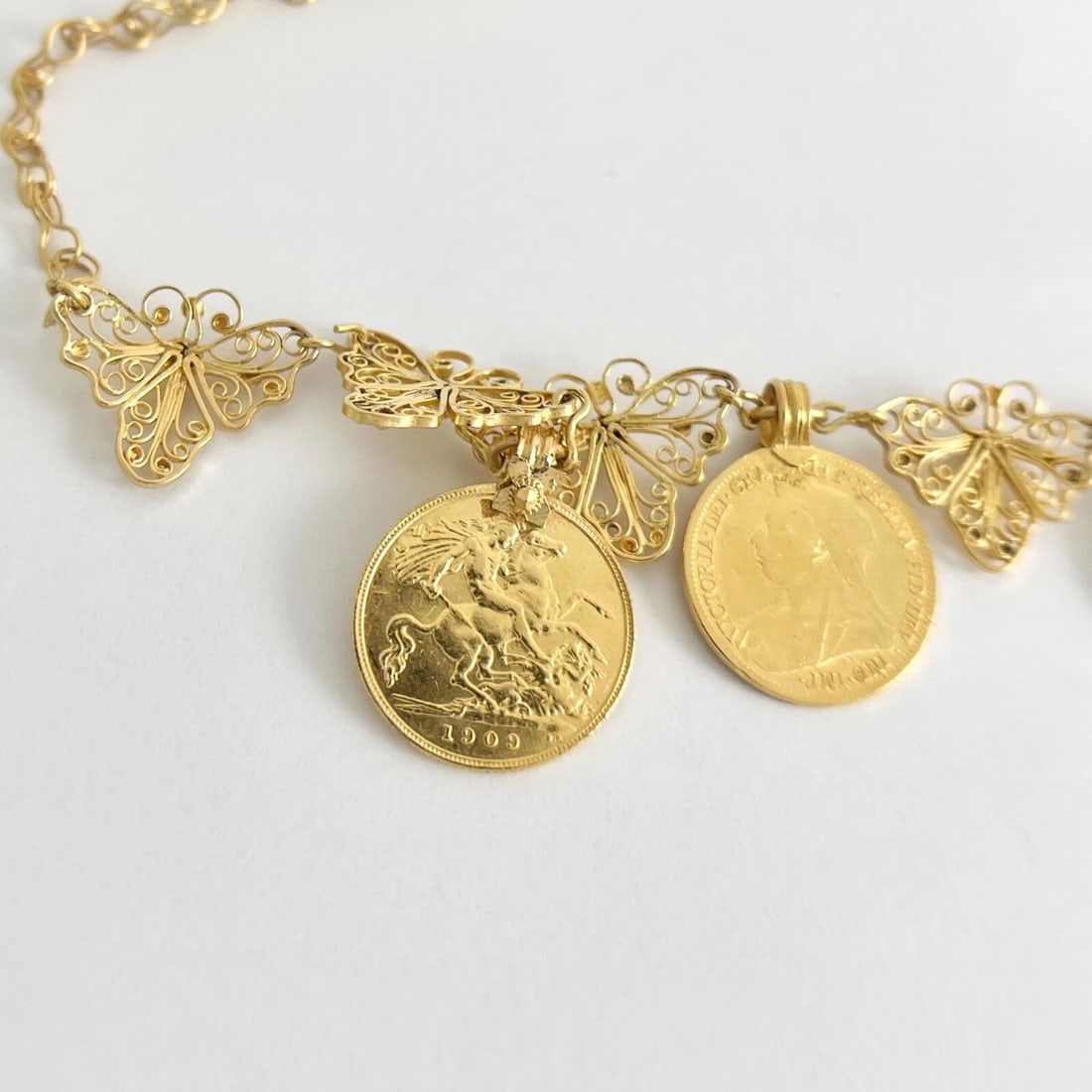 Vintage Antique Coin Butterfly Chain Necklace 22K Yellow Gold, 52.56 Grams - 11
