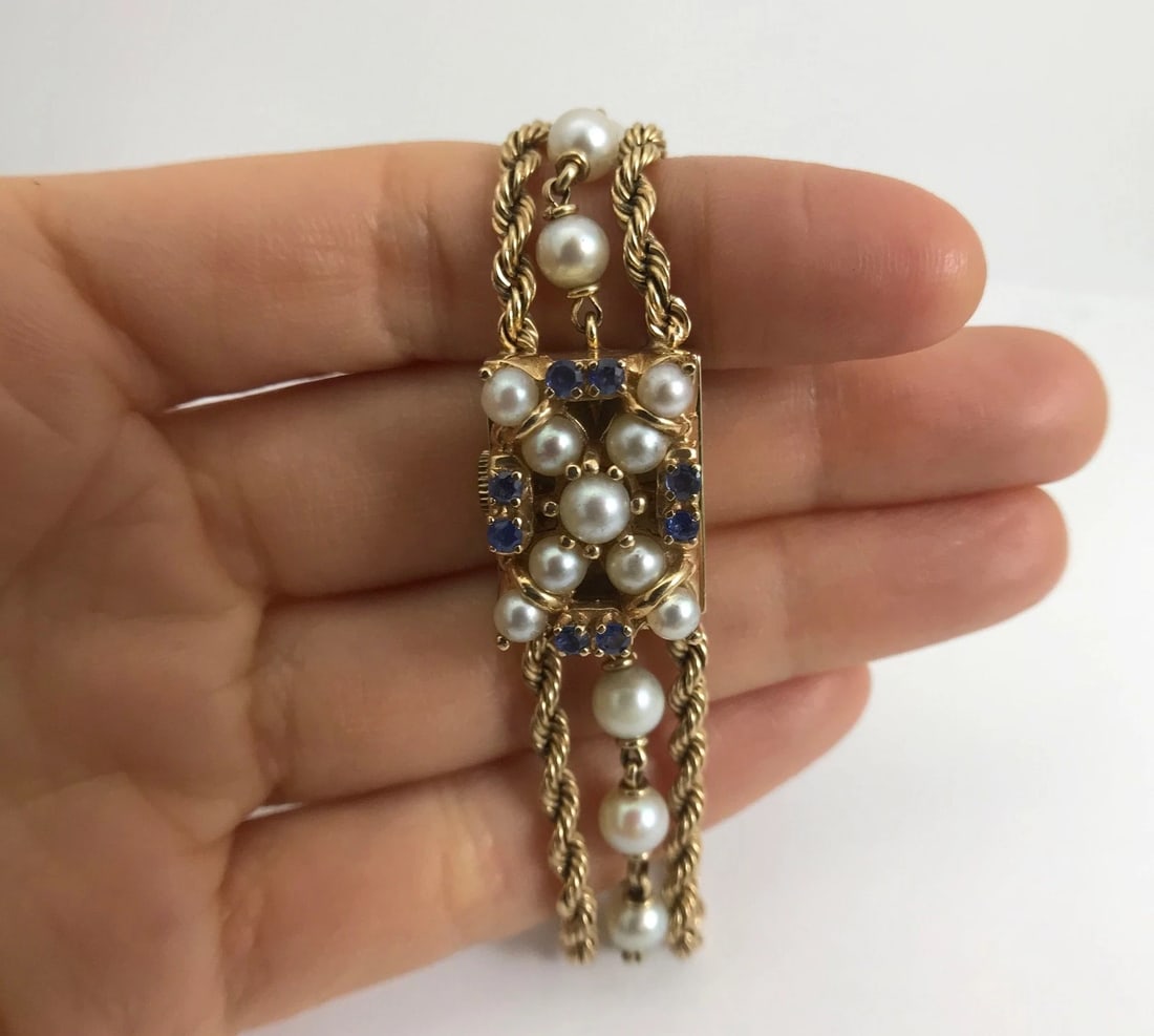 Vintage 1940's Nelmor Pearl Sapphire Bracelet Watch 14K Yellow Gold, 30.7 Grams - 3