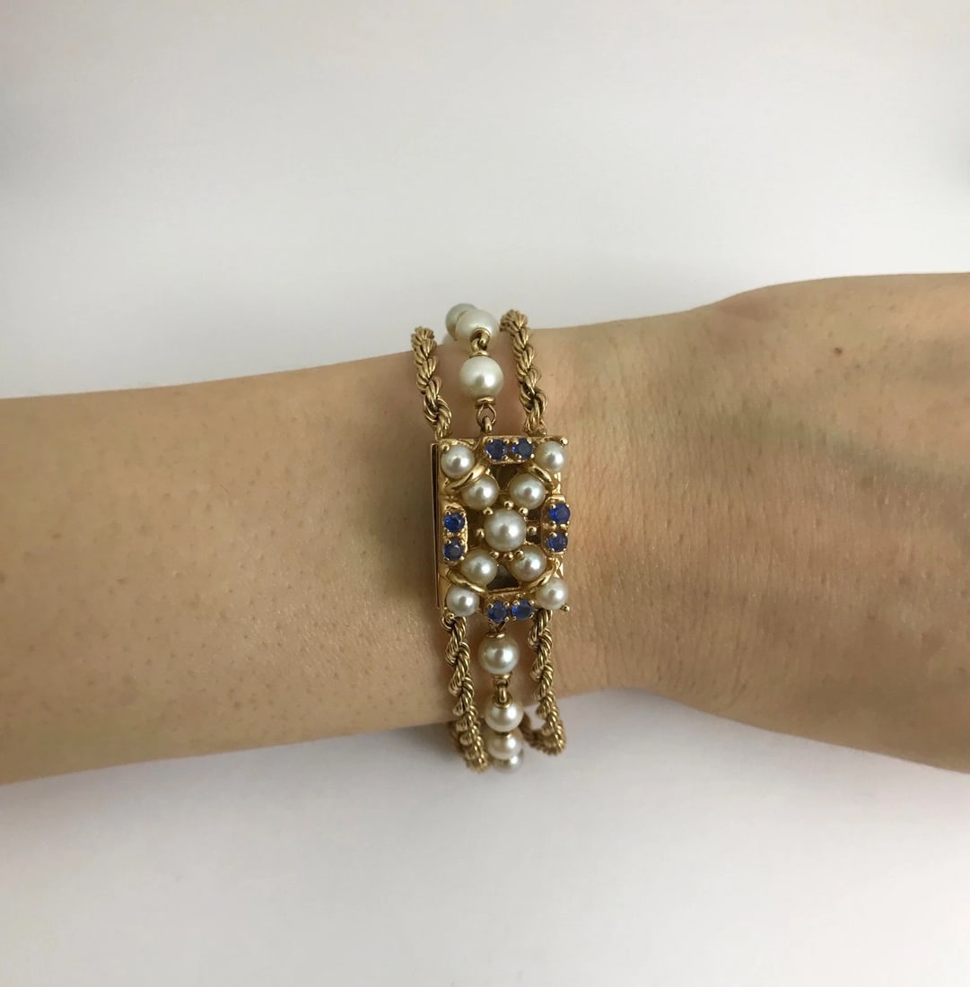 Vintage 1940's Nelmor Pearl Sapphire Bracelet Watch 14K Yellow Gold, 30.7 Grams - 4