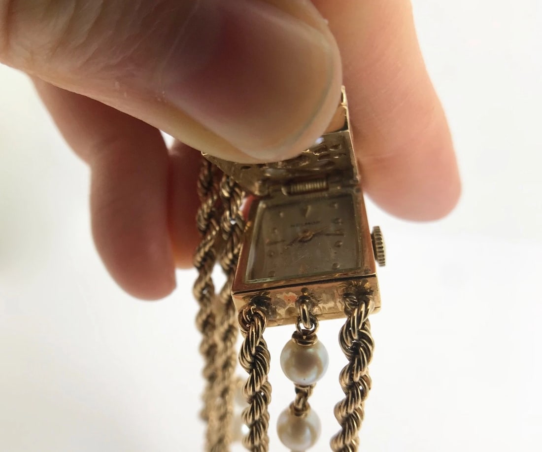 Vintage 1940's Nelmor Pearl Sapphire Bracelet Watch 14K Yellow Gold, 30.7 Grams - 7