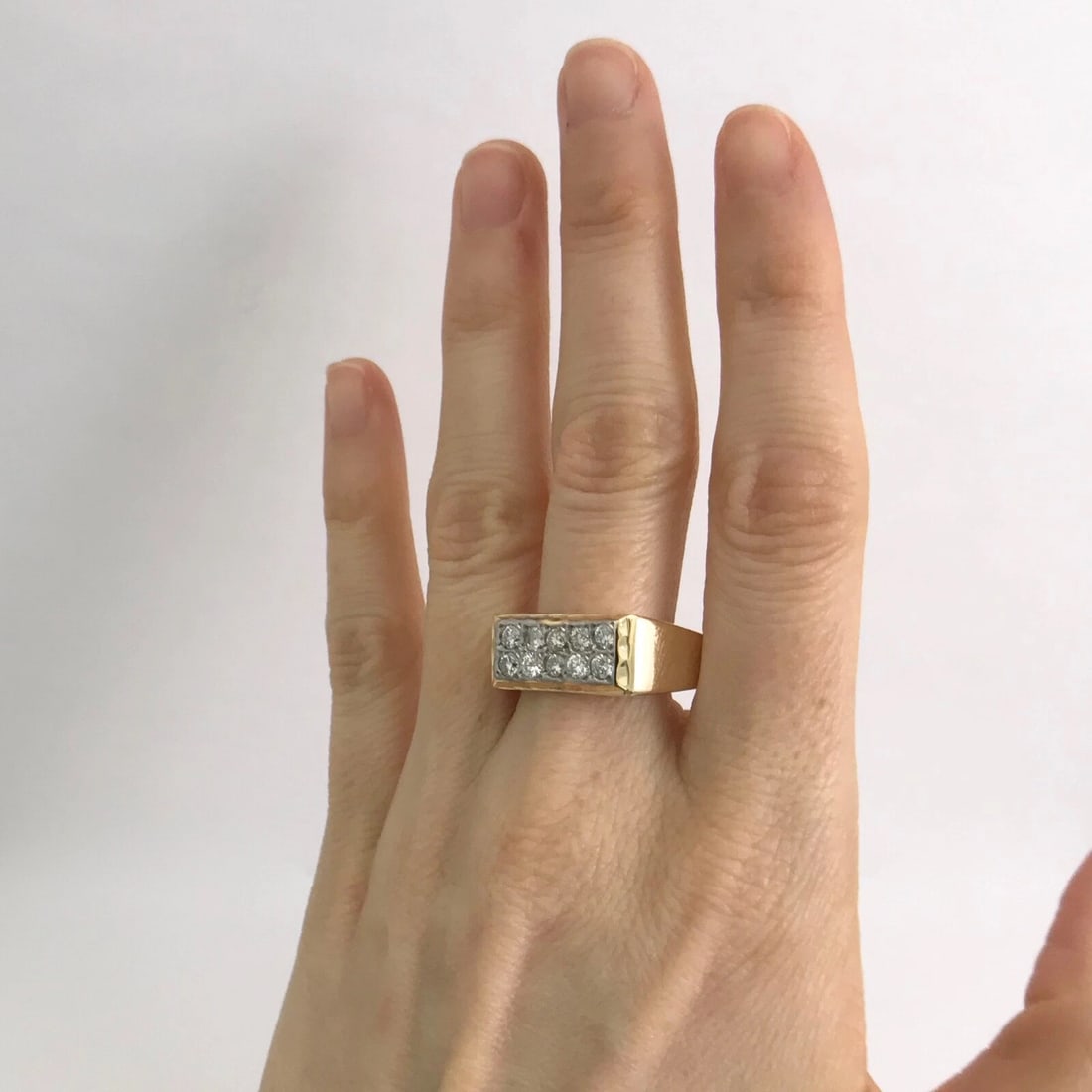 Vintage Men's Two-Row Pave Diamond Flat Top Ring 14K Yellow Gold, 10.6 Grams - 4