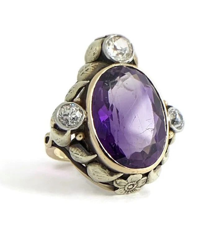 Antique Victorian Oval Amethyst Diamond Cocktail Ring 14K Yellow Gold, 8.73 Gr - 2