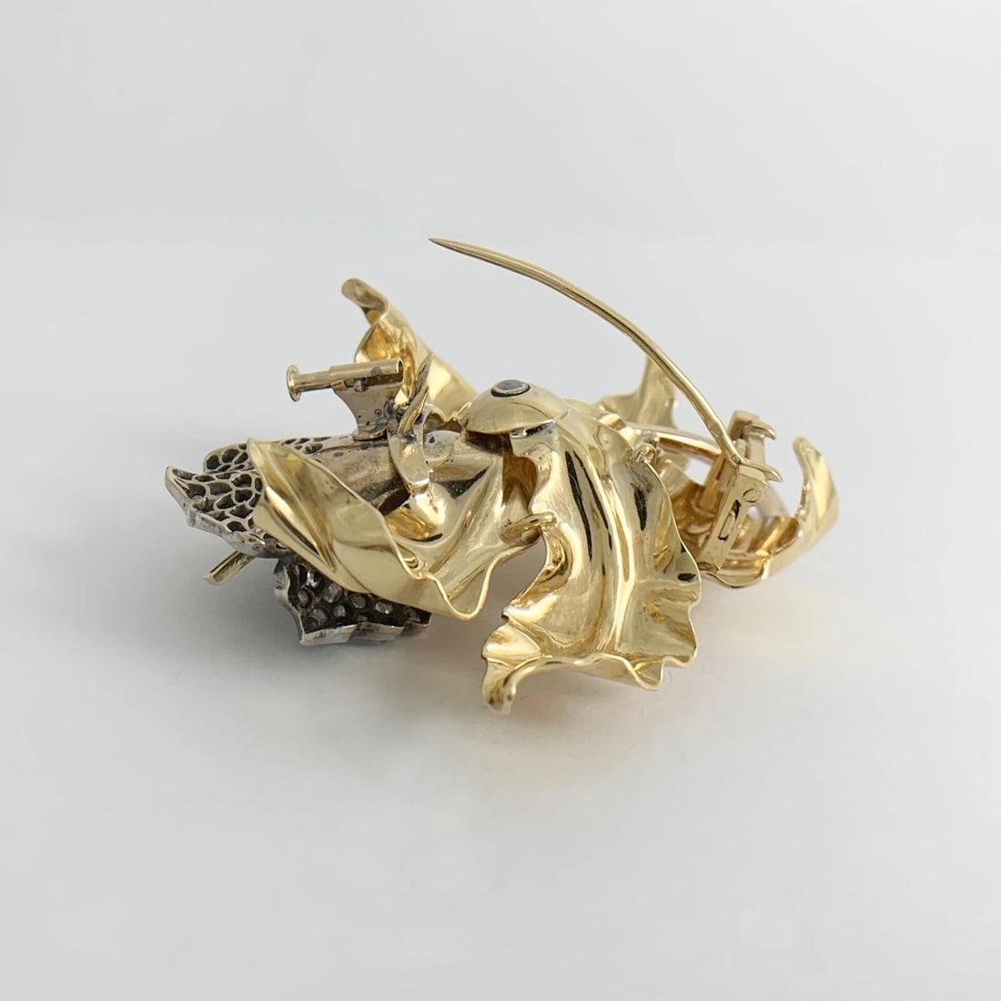 Antique Art Nouveau Diamond Ruby Flower Brooch Pin 18K Yellow Gold, 38.16 Gr - 11