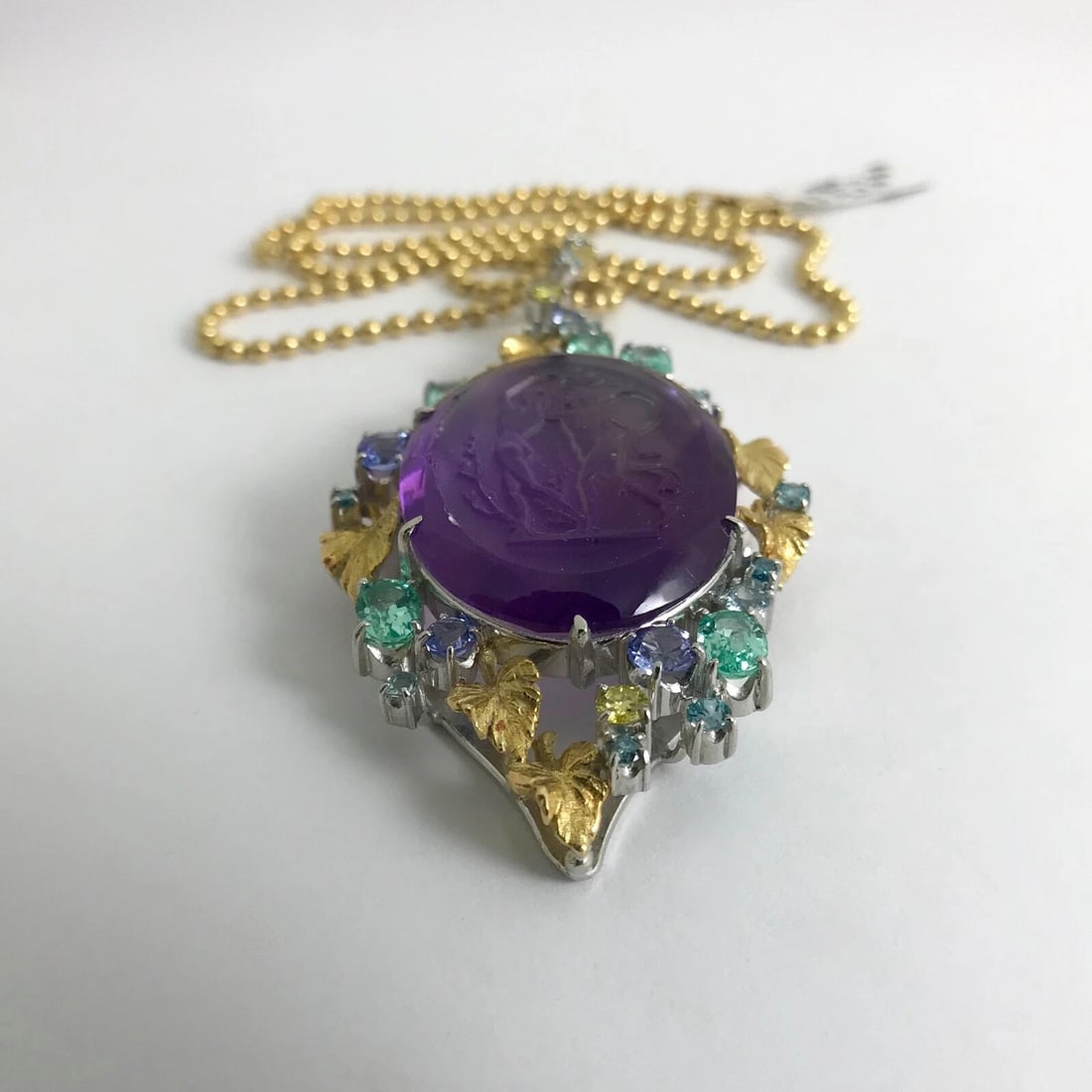 Vintage Hand Carved Amethyst Pendant Necklace Platinum 18K Yellow Gold 19.30 CTW - 7