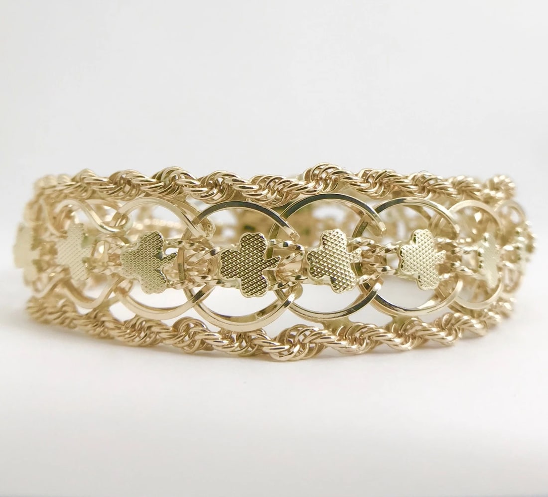 Vintage 1950's Wide Clover Rope Chain Bracelet 14K Yellow Gold, 37.14 Grams - 3