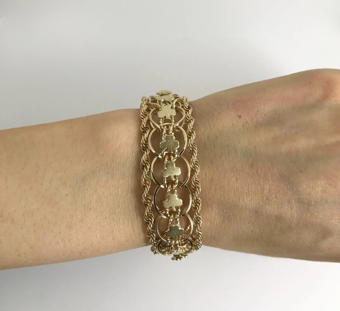Vintage 1950's Wide Clover Rope Chain Bracelet 14K Yellow Gold, 37.14 Grams - 5