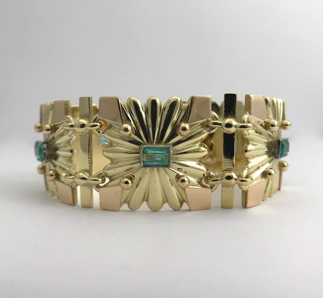 Antique Art Deco Green Emerald Square Link Bracelet 18K Yellow Gold, 92.51 Grams - 7