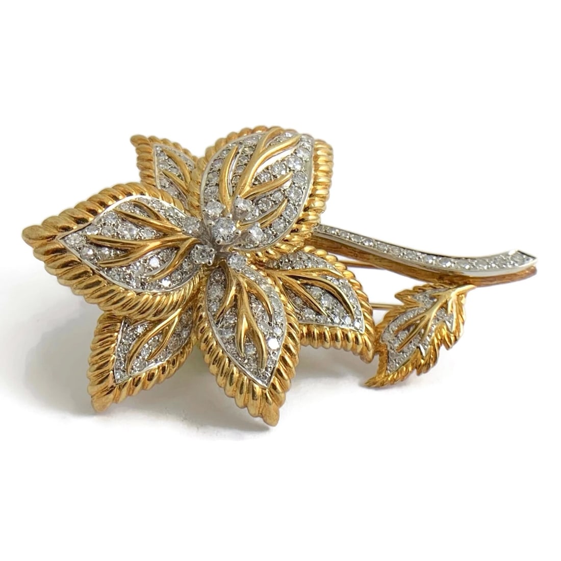 Vintage Diamond Two-Tone Flower Brooch Pin 18K Yellow Gold, 3.50 CTW, 35.2 Grams: "Vintage Diamond Two-Tone Flower Brooch Pin 18K Yellow Gold, 3.50 CTW, 35.2 Grams This is a gorgeous vintage one-of-a-kind brooch from the 1960's. Please let us know if you have any questions. Circa: