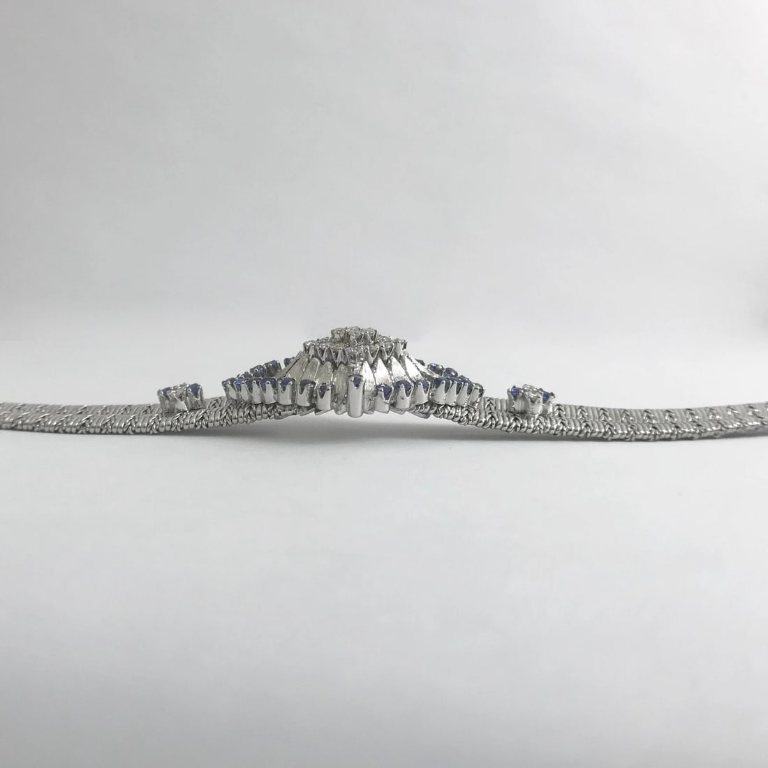 Vintage Blue Sapphire Diamond Geometric Cluster Bracelet 18K White Gold, 32.3 Gr - 7