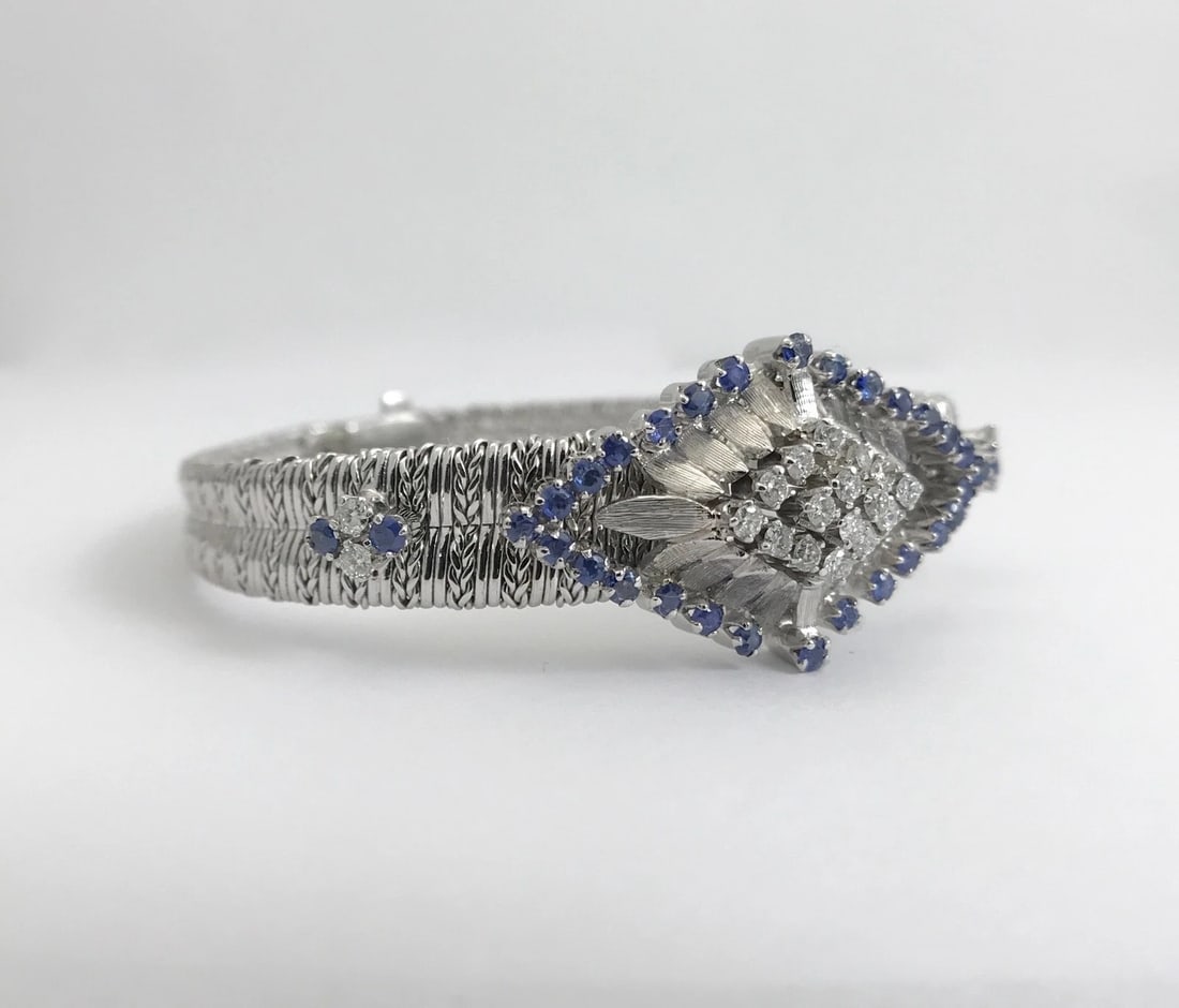 Vintage Blue Sapphire Diamond Geometric Cluster Bracelet 18K White Gold, 32.3 Gr - 8