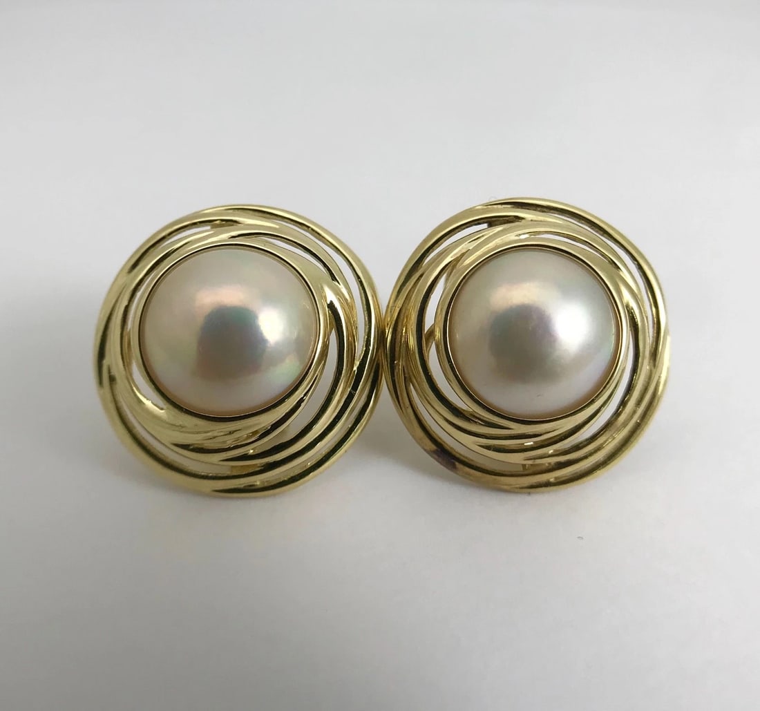 Vintage 1960's Japanese Pearl Swirl Button Stud Earrings 14K Yellow Gold 13.3 Gr - 5