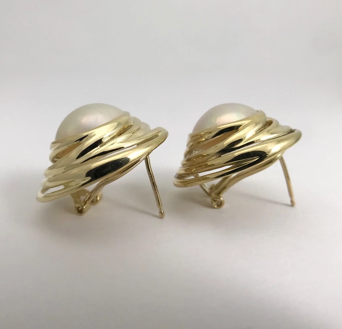 Vintage 1960's Japanese Pearl Swirl Button Stud Earrings 14K Yellow Gold 13.3 Gr - 9