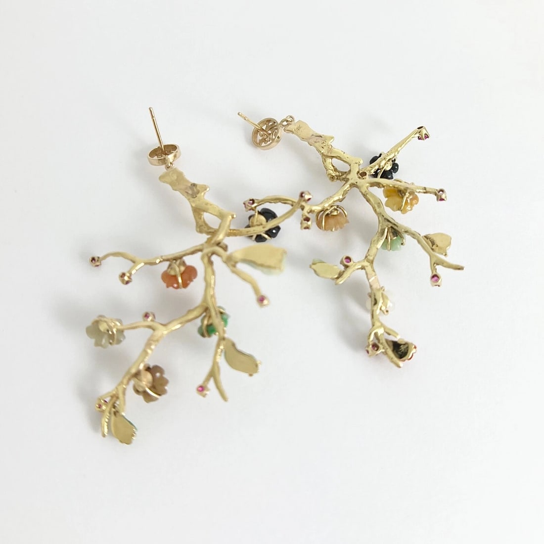 Vintage Fu Multicolored Jade Branch Dangle Drop Earrings 14K Yellow Gold 22.18 G - 7