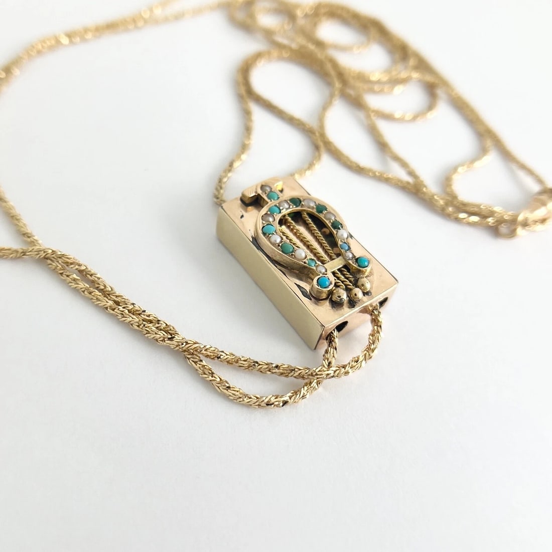 Antique Victorian Lyre Turquoise Seed Pearl Necklace 14K Yellow Gold, 26.58 Gram - 11