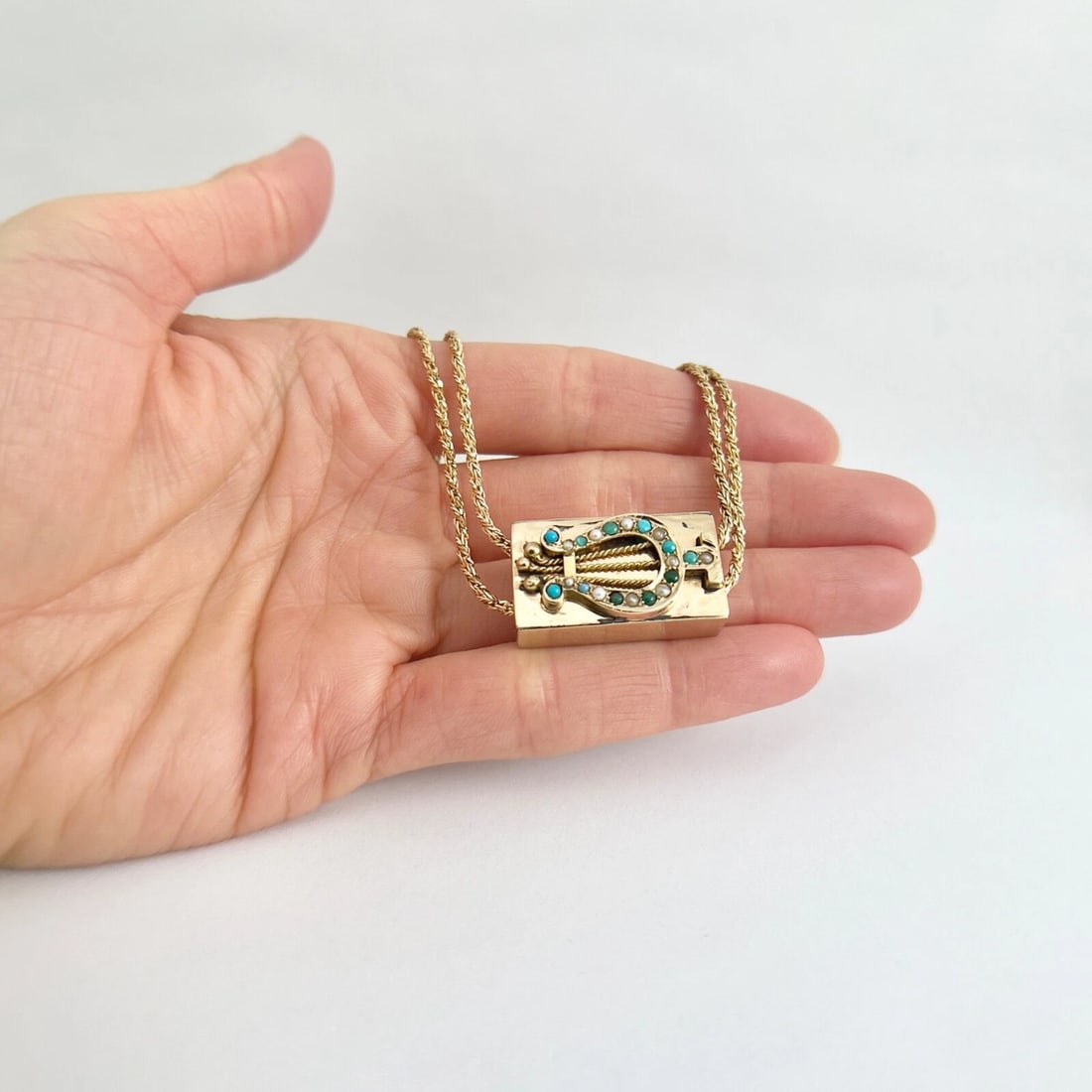 Antique Victorian Lyre Turquoise Seed Pearl Necklace 14K Yellow Gold, 26.58 Gram - 3