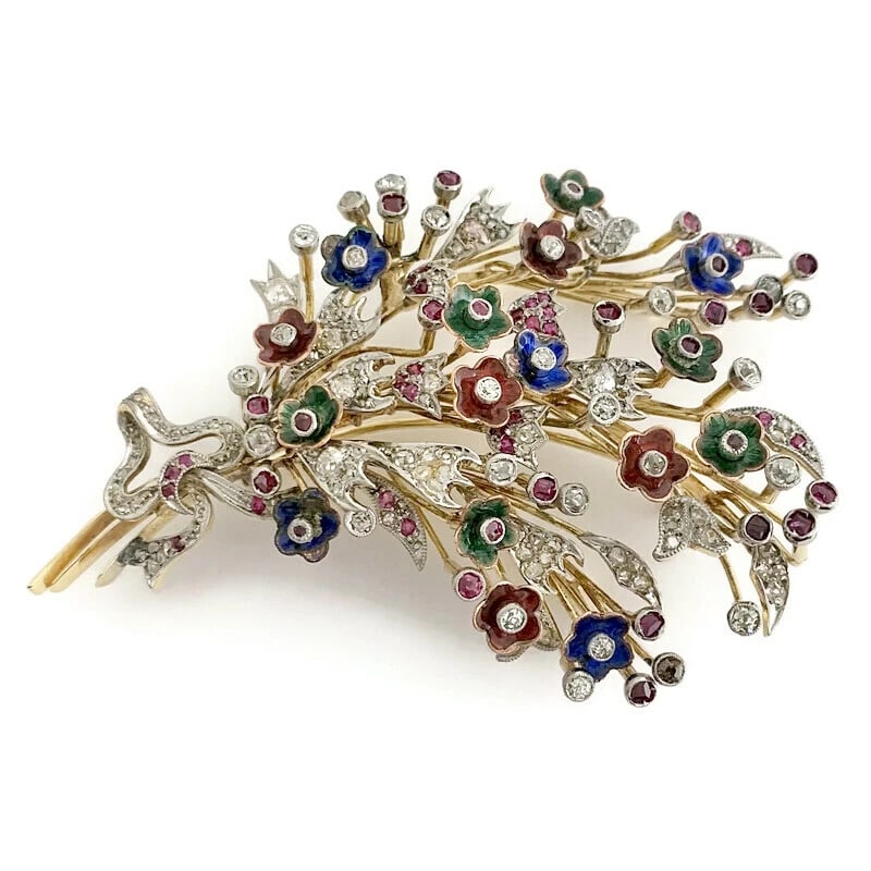 Antique Victorian Enamel Diamond Flower Spray Brooch 18K Yellow Gold, 34.49 Gram - 2