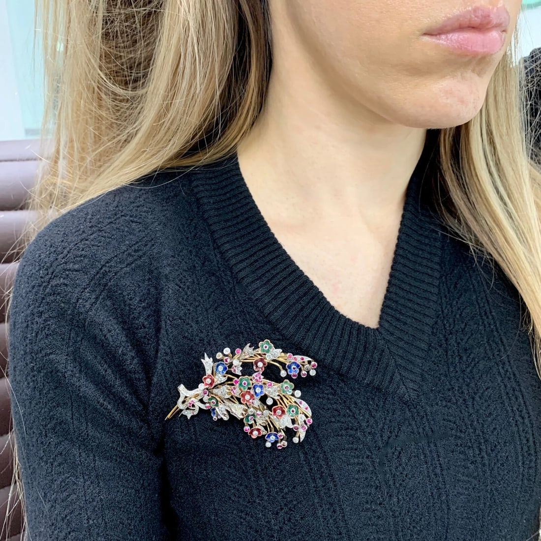 Antique Victorian Enamel Diamond Flower Spray Brooch 18K Yellow Gold, 34.49 Gram - 4