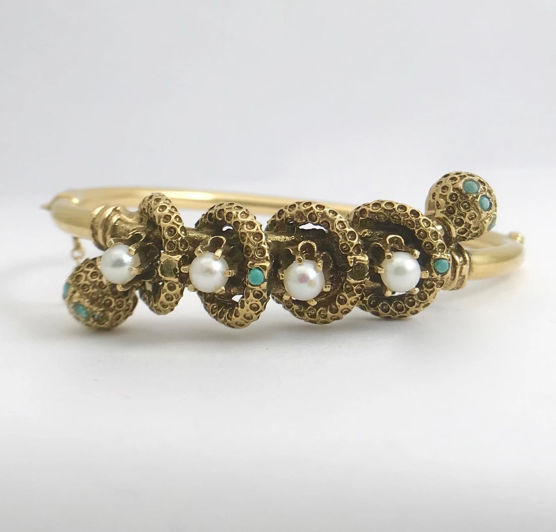 Victorian Revival Pearl Turquoise Bangle Bracelet 14K Yellow Gold, 20.39 Gr - 8
