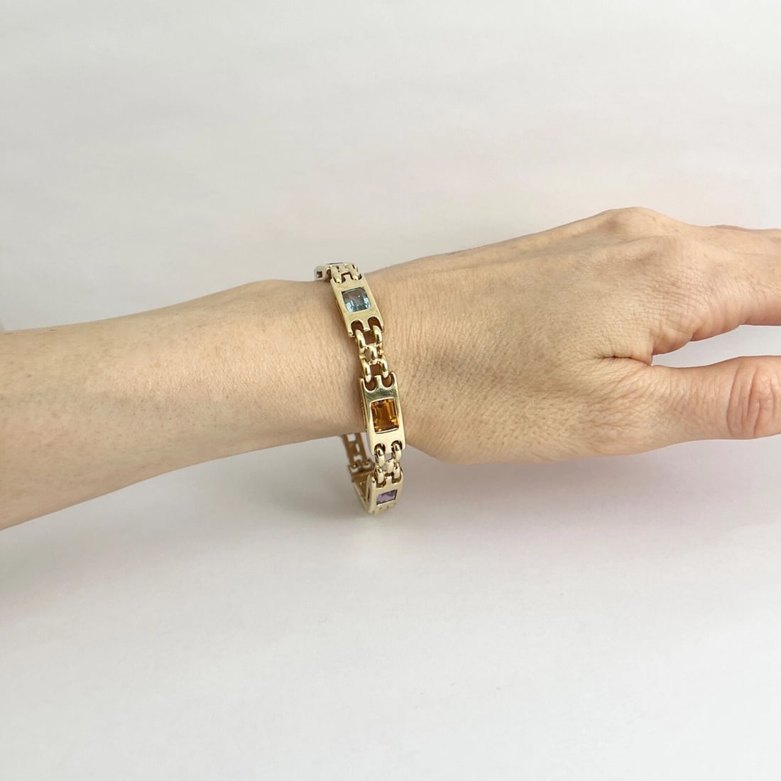 Vintage Multicolored Gemstone Chain Link Bracelet 14K Yellow Gold, 26.23 Grams - 7