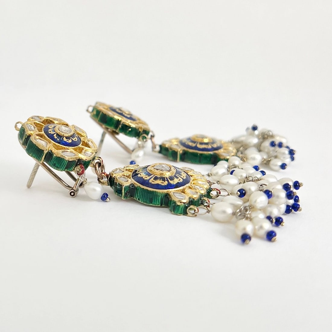 Antique Victorian Diamond Pearl Enamel Dangle Drop Earrings Yellow Gold 40.63 Gr - 9