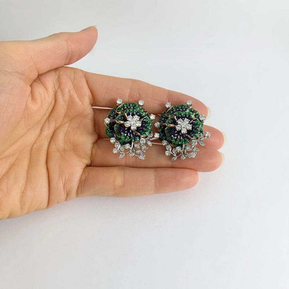 Vintage 1950's Blue Green Enamel Diamond Flower Earrings 18K Yellow Gold 28.40 G - 3