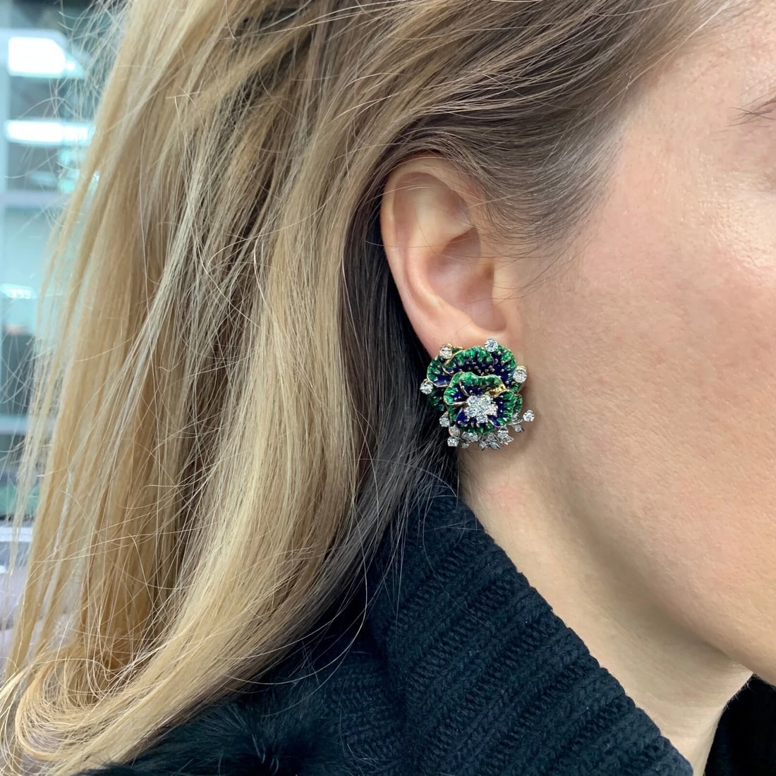 Vintage 1950's Blue Green Enamel Diamond Flower Earrings 18K Yellow Gold 28.40 G - 5