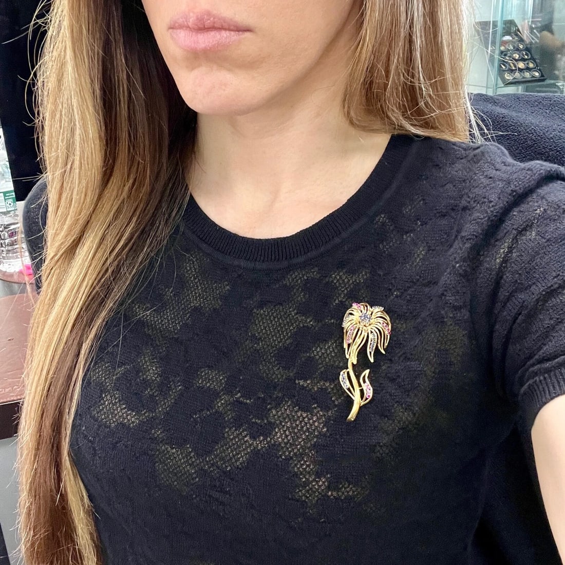 Vintage 1960's Sapphire Ruby Flower Brooch Pin 18K Yellow Gold, 12.49 Gr - 5