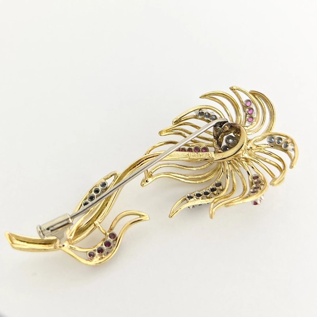 Vintage 1960's Sapphire Ruby Flower Brooch Pin 18K Yellow Gold, 12.49 Gr - 8