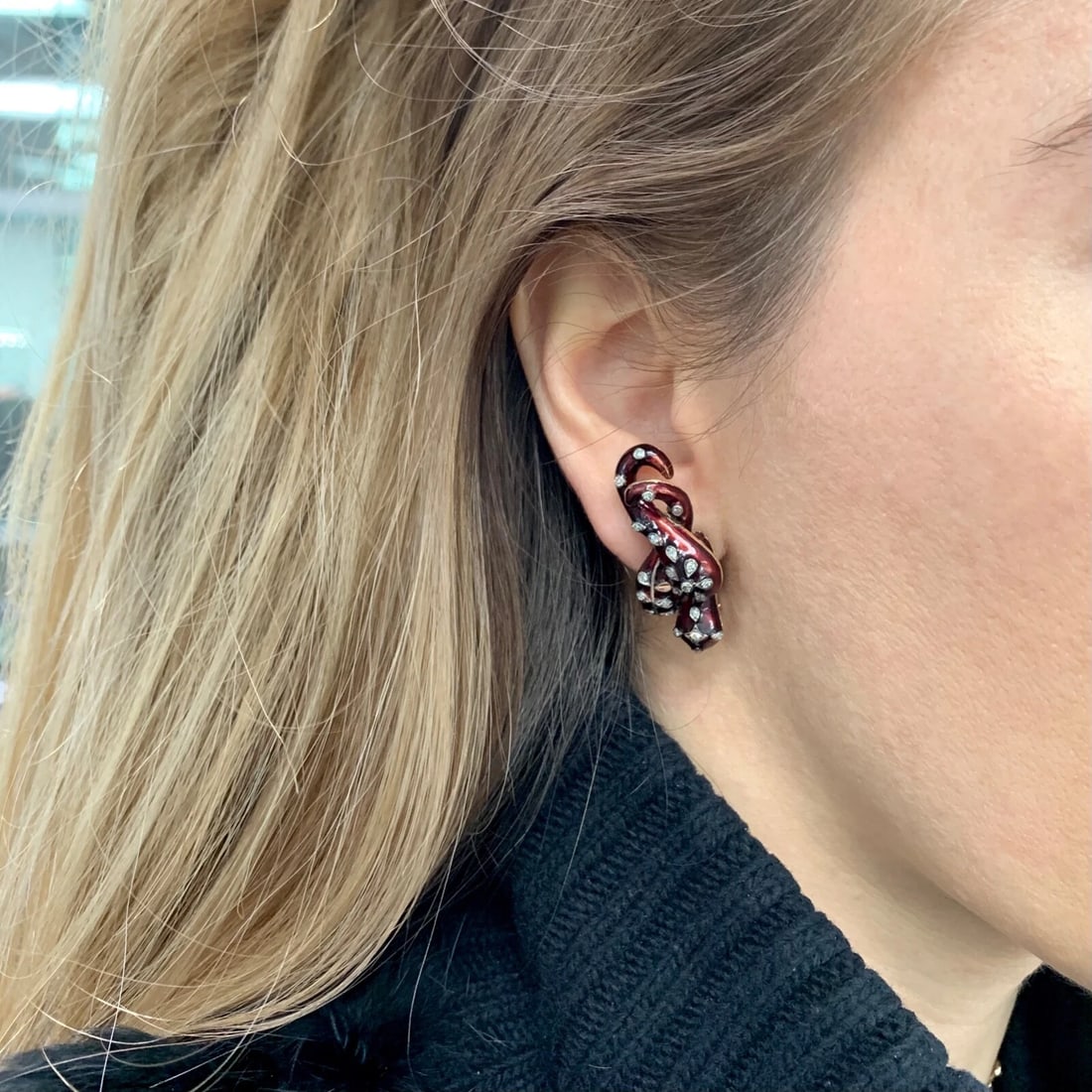 Vintage 1950's Red Enamel Diamond Drop Earrings 18K Yellow Gold 20.18 Grams - 5