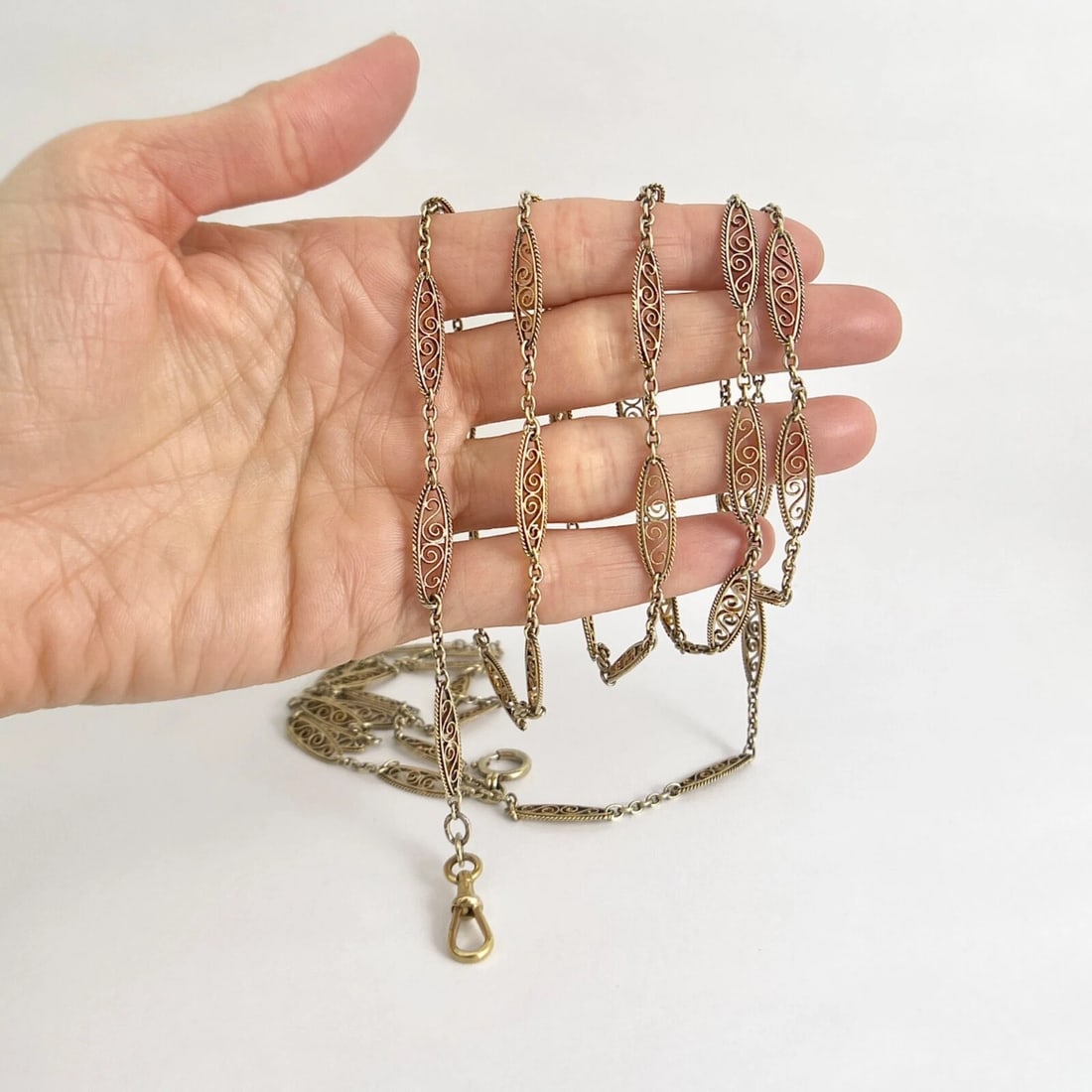 Antique Victorian Long Filigree Guard Chain Necklace 21K Yellow Gold, 39.06 Gram - 3