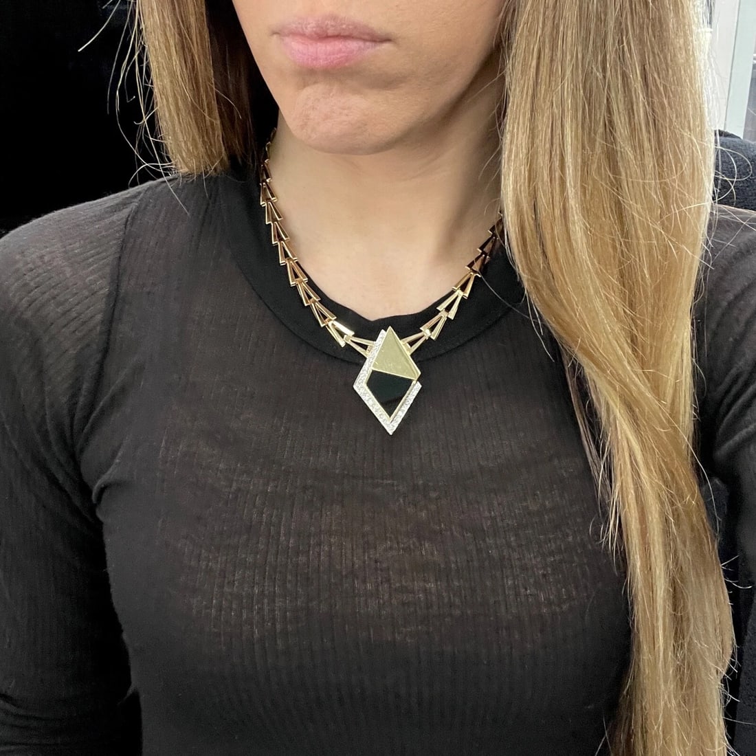 Vintage Black Onyx Diamond Geometric Pendant Necklace 14K Yellow Gold 28.50 Gr - 5