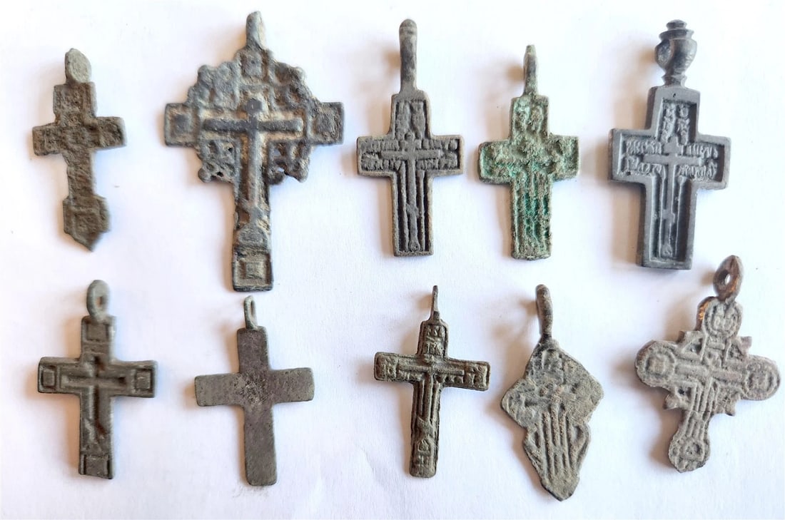 RUSSIAN orthodox icon NECK CROSSES LOT of 10 antique 18th - 19th century - 2