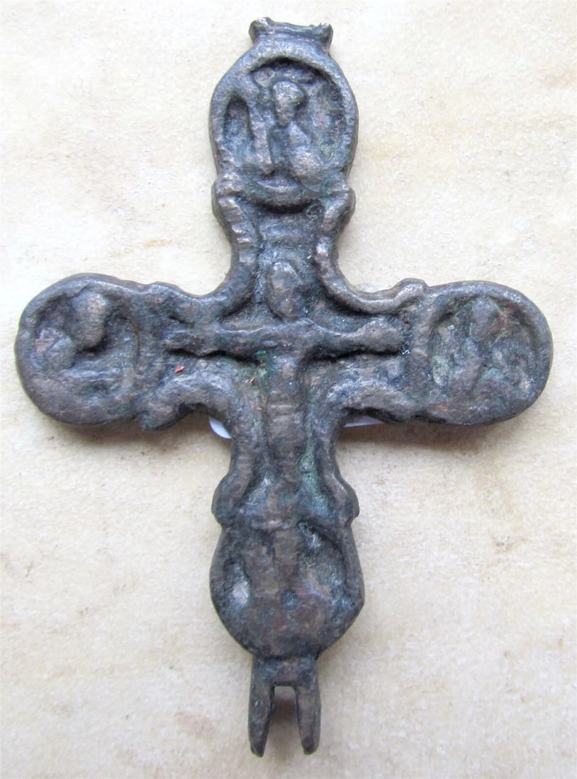 RUSSIAN BYZANTINE BRONZE ICON CROSS ENCOLPION 12th CENT. ANTIQUE PRE- MONGOLIAN (1 of 3)