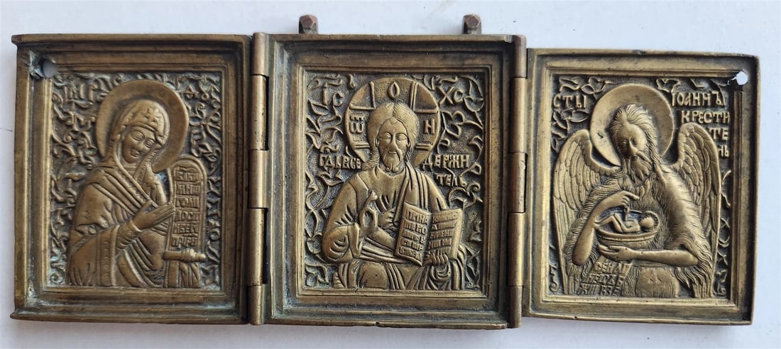 19h CENTURY RUSSIAN ORTHODOX BRONZE ICON TRIPTYCH antique DEISIS - 2