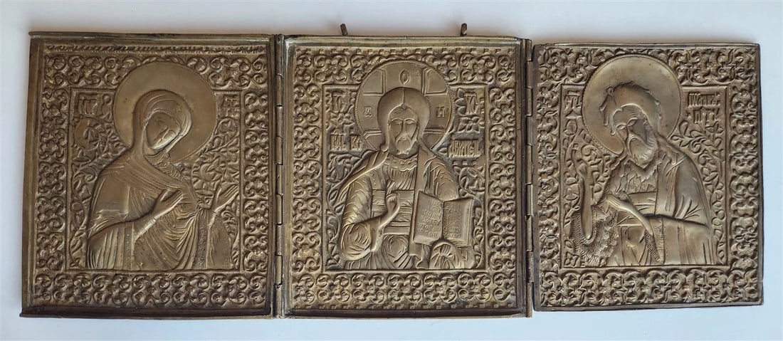 19h CENTURY RUSSIAN ORTHODOX BRONZE ICON TRIPTYCH antique DEISIS VERY LARGE! - 2