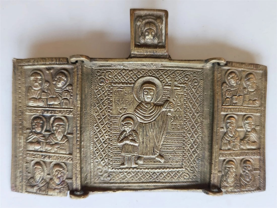 RUSSIAN BRONZE TRAVELER'S ICON TRYPTICH of ST. ULITTA & KYRIC antique 19 century - 2