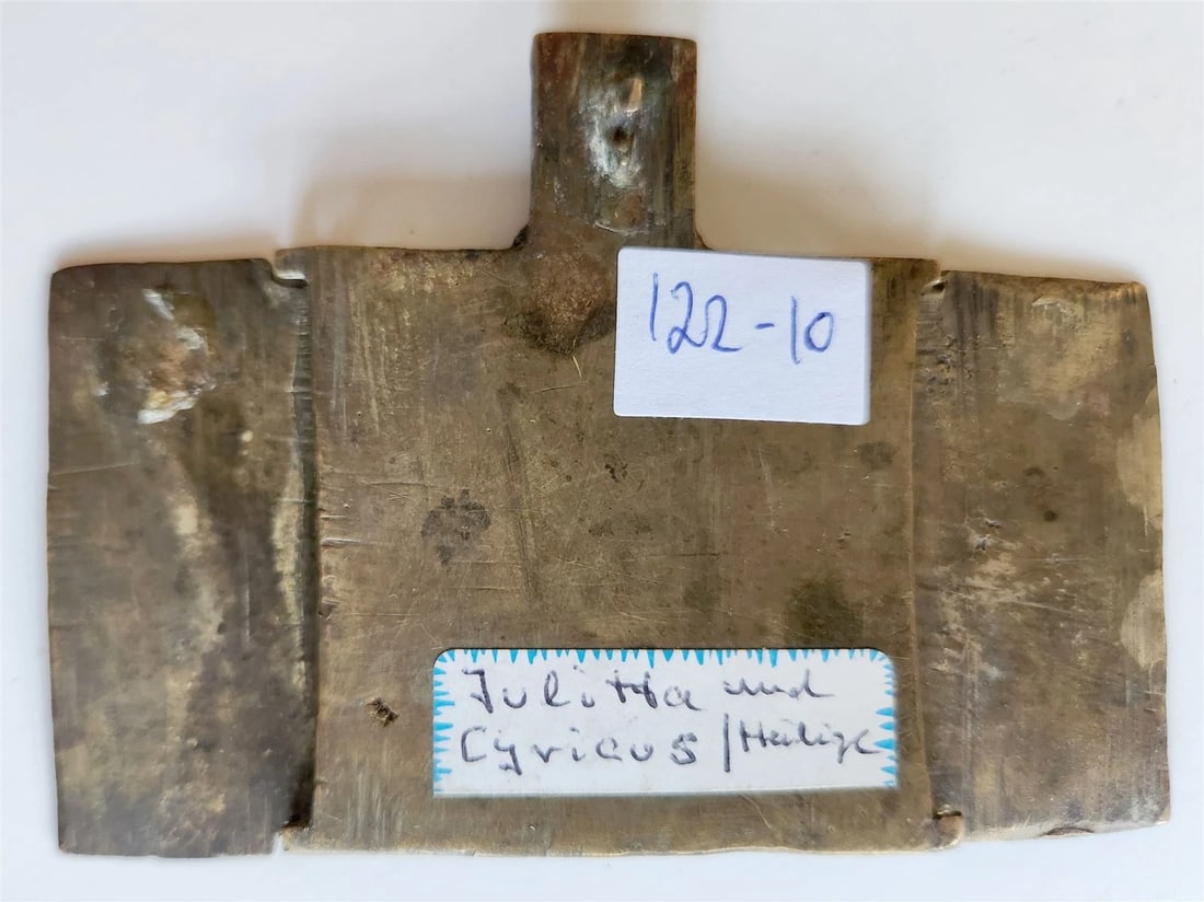 RUSSIAN BRONZE TRAVELER'S ICON TRYPTICH of ST. ULITTA & KYRIC antique 19 century - 3