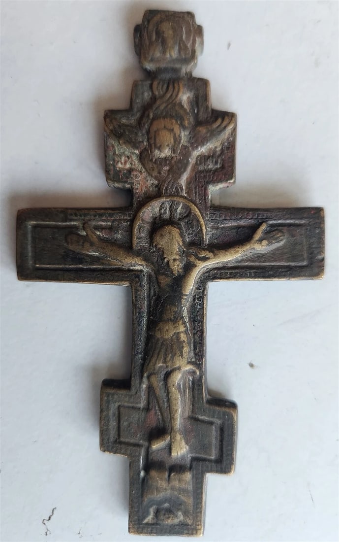 RUSSIAN BRONZE CRUSIFIX ICON 19th CENTURY antique SMALL CROSS - 2