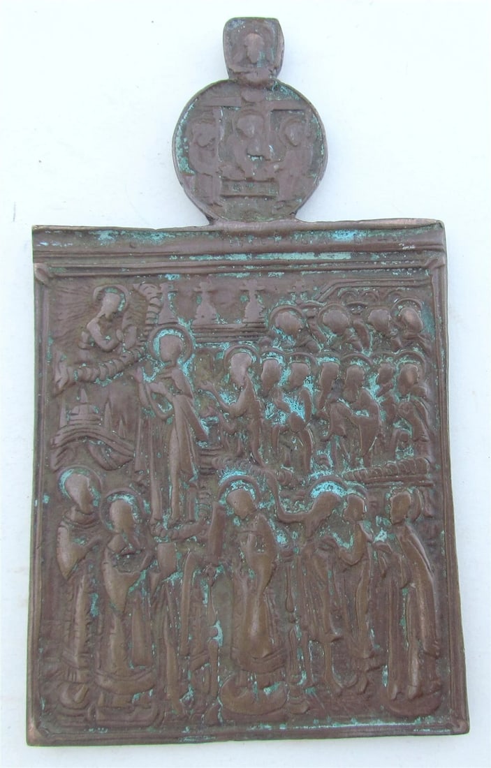 RUSSIAN COPPER-BRONZE ICON of VIRGIN of POKROV INTERCESSION of THEOTOKOS ANTIQUE (1 of 3)