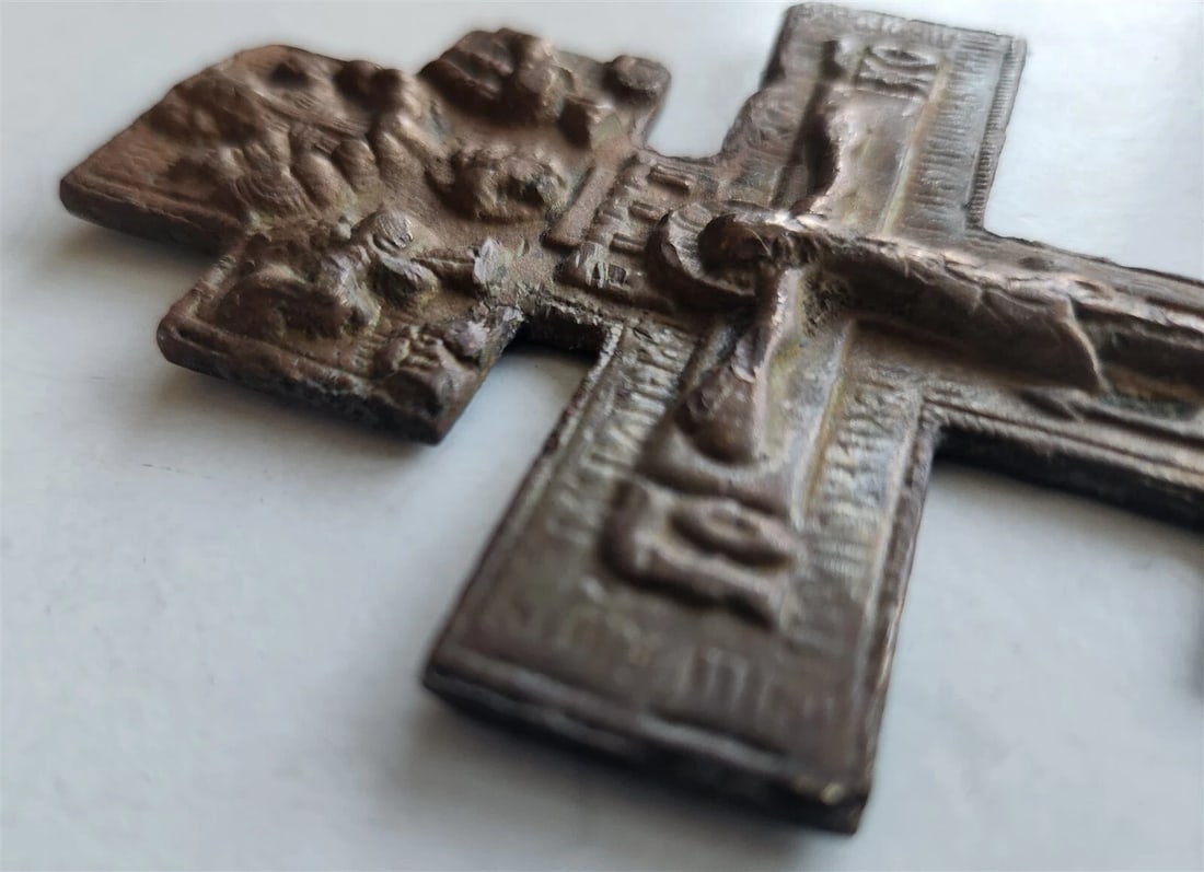 RUSSIAN BRONZE CRUSIFIX ICON 19th CENTURY antique CROSS 3 by 5" - 4