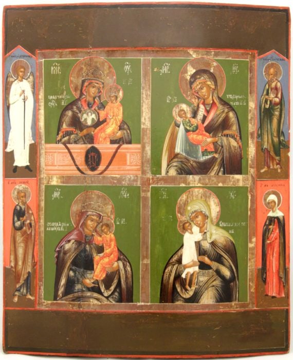 Many panels icon: Large Russian many panels wooden icon – Our Lady Melter of Hardened Hearts; Our Lady Soothe my sickness; Our Lady Seeker of the Lost. Four selected saints on the borders, the Guardian Angel amon